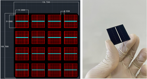 The appearance of the reference cell after the design and production on the M2 sized silicon wafer produced for Seven Sensor